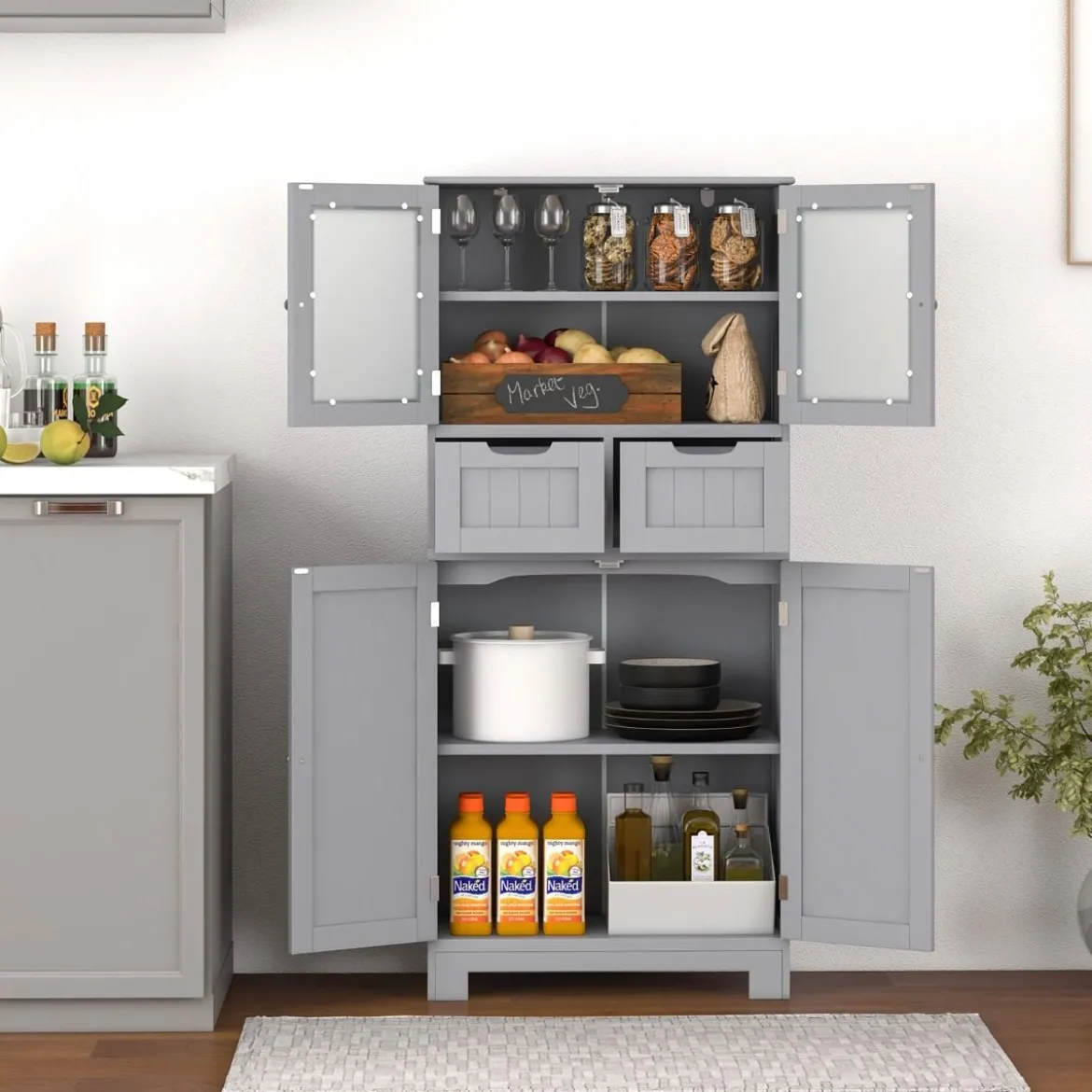 Badezimmerschrank mit 2 Glastüren 2 Schubladen und verstellbaren Regalen Grau