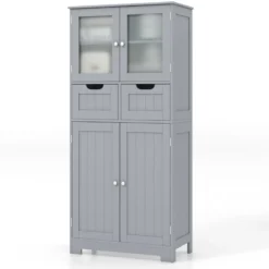 Badezimmerschrank mit 2 Glastüren 2 Schubladen und verstellbaren Regalen Grau