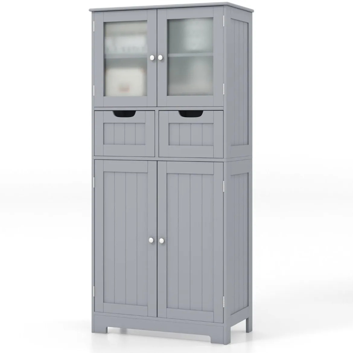 Badezimmerschrank mit 2 Glastüren 2 Schubladen und verstellbaren Regalen Grau