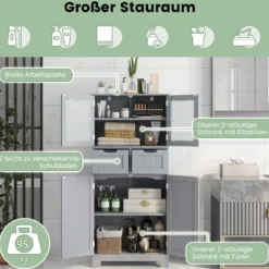 Badezimmerschrank mit 2 Glastüren 2 Schubladen und verstellbaren Regalen Grau
