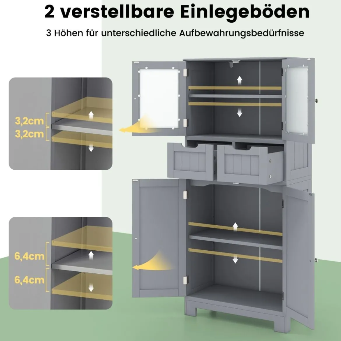 Badezimmerschrank mit 2 Glastüren 2 Schubladen und verstellbaren Regalen Grau