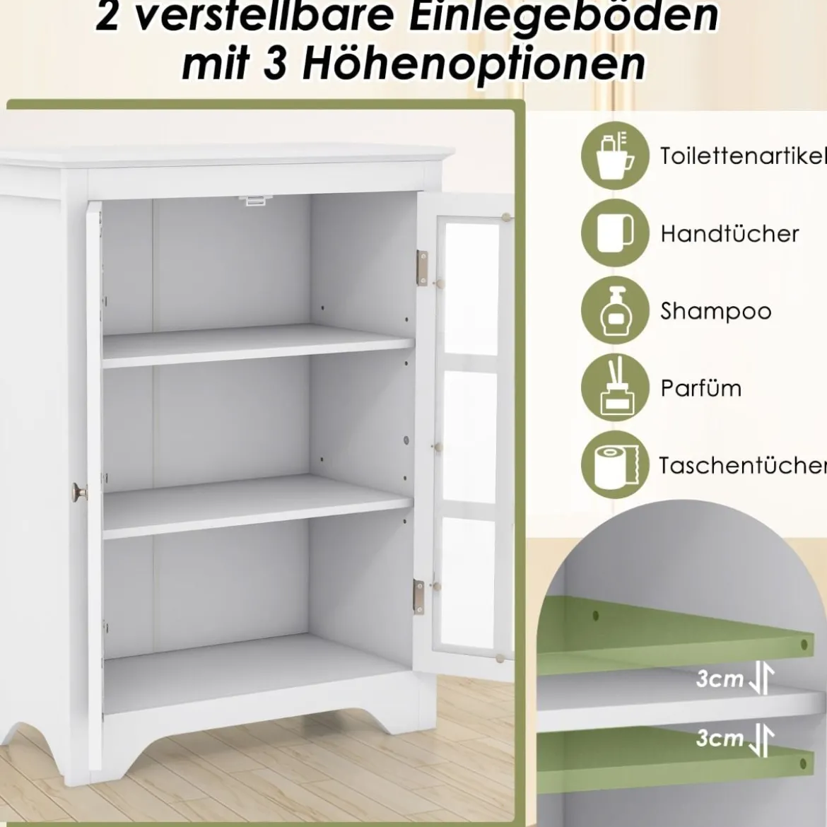 Badezimmerschrank mit 2 Glastüren & 2 Verstellbaren Ablagen Badschrank 60 x 30 x 80 cm Weiß
