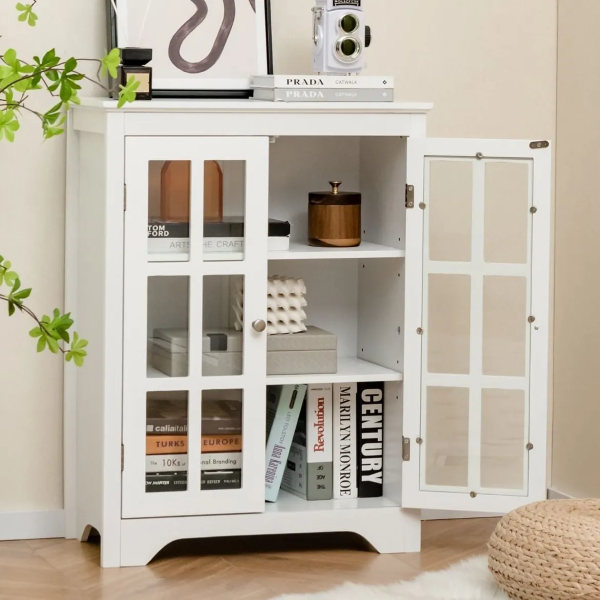 Badezimmerschrank mit 2 Glastüren & 2 Verstellbaren Ablagen Badschrank 60 x 30 x 80 cm Weiß