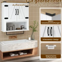 Badezimmerschrank mit Handtuchhalter Bauernhaus-Medikamentenschrank mit Scheunentüren & verstellbarem Regal Weiß