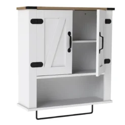 Badezimmerschrank mit Handtuchhalter Bauernhaus-Medikamentenschrank mit Scheunentüren & verstellbarem Regal Weiß