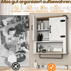 Badezimmerschrank mit Handtuchhalter Bauernhaus-Medikamentenschrank mit Scheunentüren & verstellbarem Regal Weiß