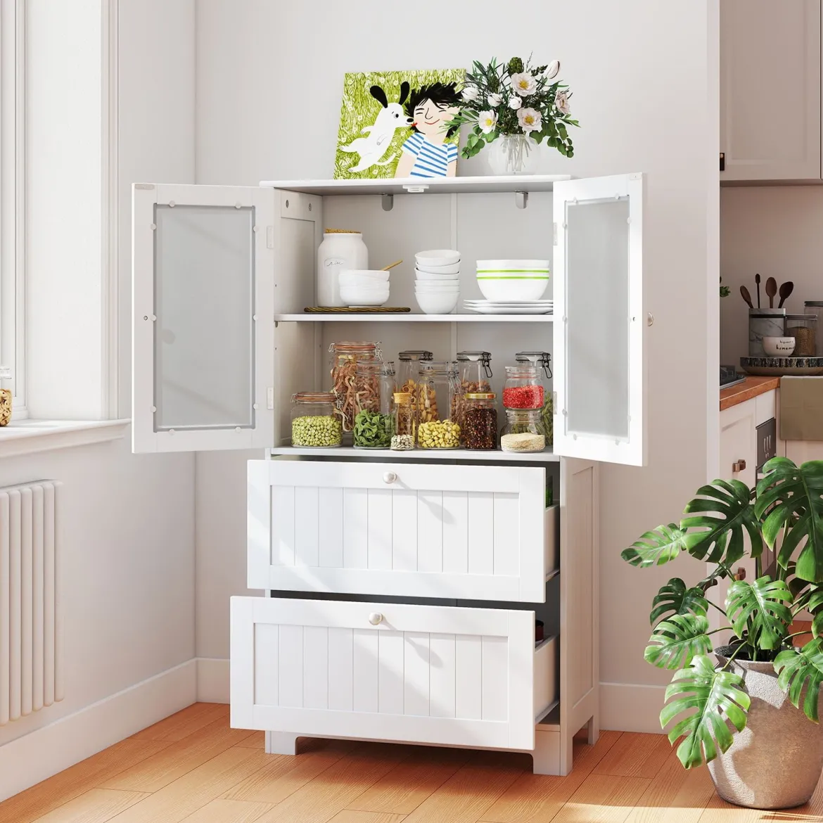 Badezimmerschrank mit 2 Schubladen & 2 Glastüren & Verstellbares Regal Hochschrank Weiß