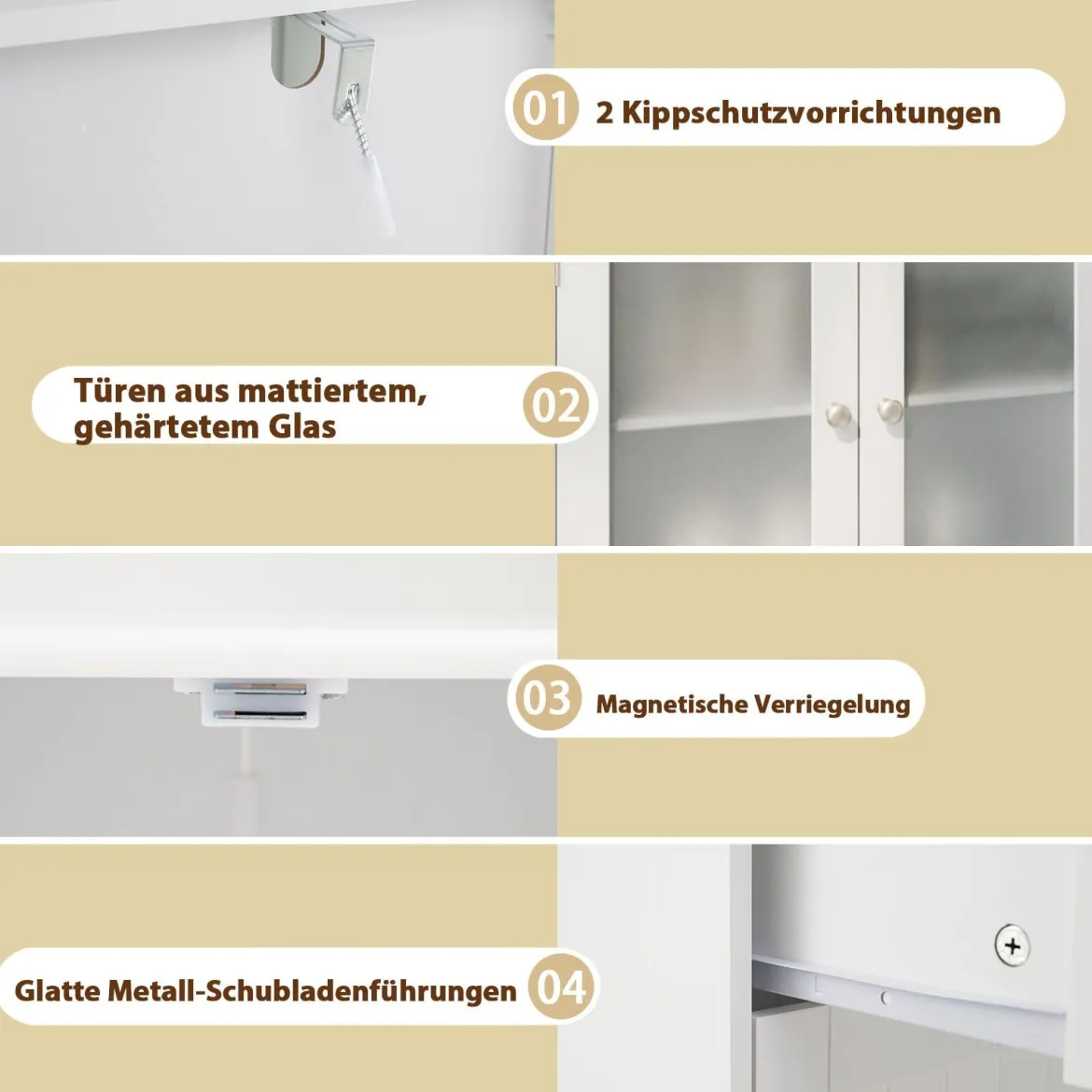 Badezimmerschrank mit 2 Schubladen & 2 Glastüren & Verstellbares Regal Hochschrank Weiß
