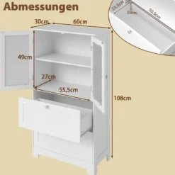 Badezimmerschrank mit 2 Schubladen & 2 Glastüren & Verstellbares Regal Hochschrank Weiß
