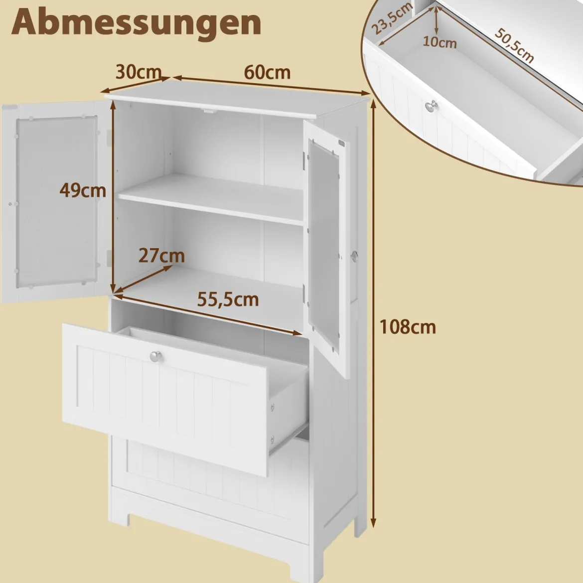 Badezimmerschrank mit 2 Schubladen & 2 Glastüren & Verstellbares Regal Hochschrank Weiß