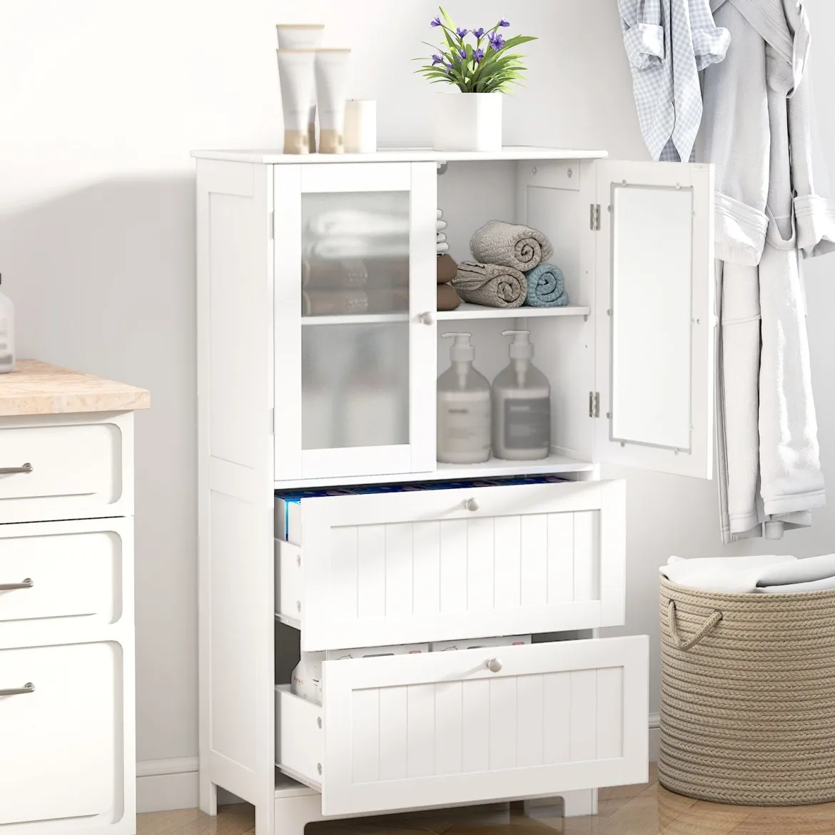 Badezimmerschrank mit 2 Schubladen & 2 Glastüren & Verstellbares Regal Hochschrank Weiß