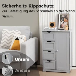 Badezimmerschrank mit 4 Schubladen & 1 Magnetischer Türverschluss Badschrank Grau