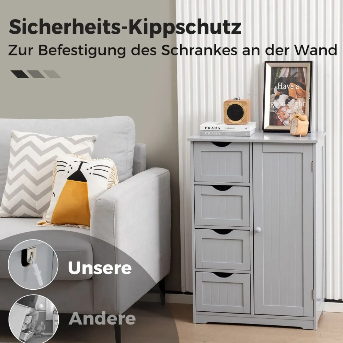 Badezimmerschrank mit 4 Schubladen & 1 Magnetischer Türverschluss Badschrank Grau