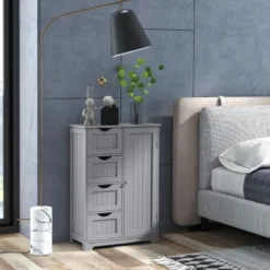 Badezimmerschrank mit 4 Schubladen & 1 Magnetischer Türverschluss Badschrank Grau