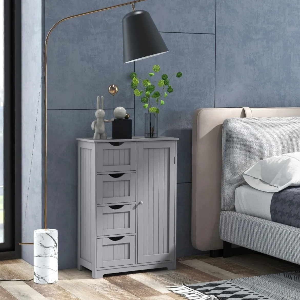 Badezimmerschrank mit 4 Schubladen & 1 Magnetischer Türverschluss Badschrank Grau