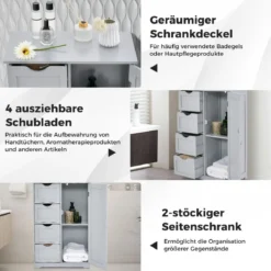 Badezimmerschrank mit 4 Schubladen & 1 Magnetischer Türverschluss Badschrank Grau