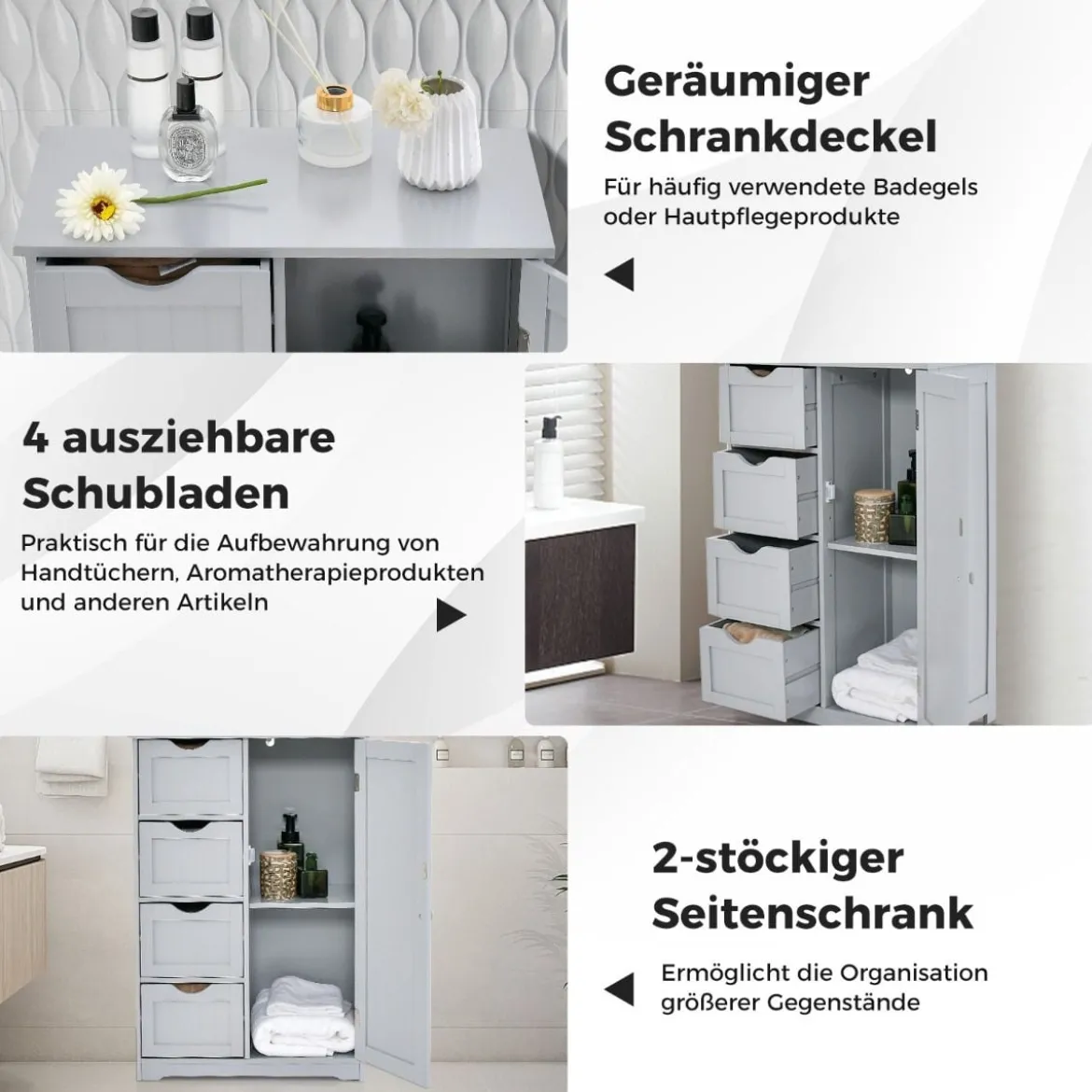 Badezimmerschrank mit 4 Schubladen & 1 Magnetischer Türverschluss Badschrank Grau