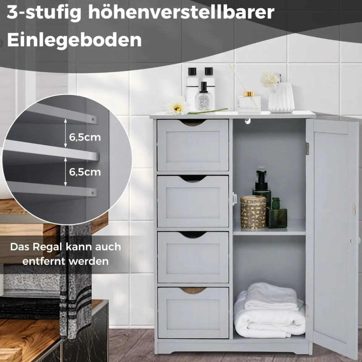 Badezimmerschrank mit 4 Schubladen & 1 Magnetischer Türverschluss Badschrank Grau