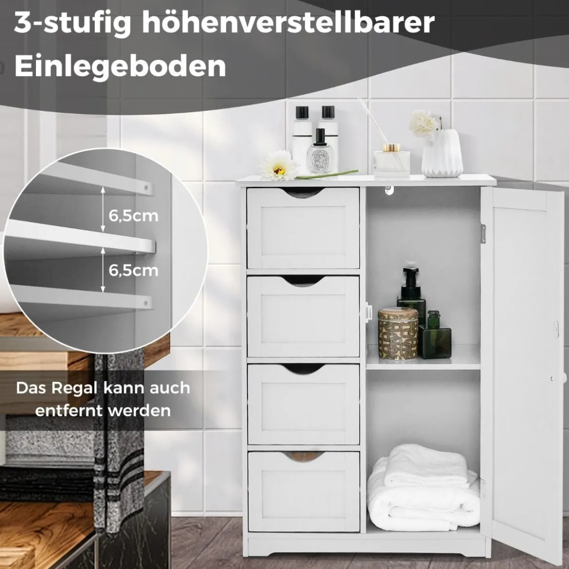 Badezimmerschrank mit 4 Schubladen & 1 Magnetischer Türverschluss Badschrank Weiß