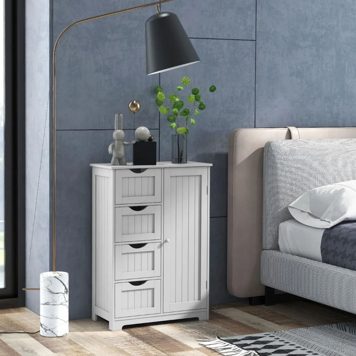 Badezimmerschrank mit 4 Schubladen & 1 Magnetischer Türverschluss Badschrank Weiß