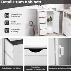 Badezimmerschrank mit 4 Schubladen & 1 Magnetischer Türverschluss Badschrank Weiß