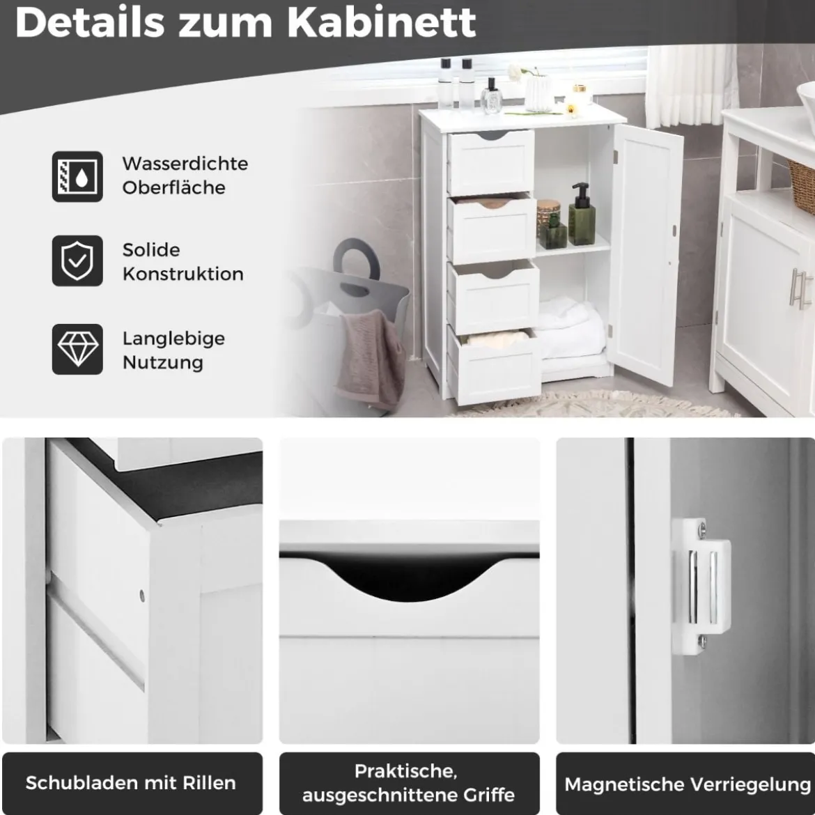 Badezimmerschrank mit 4 Schubladen & 1 Magnetischer Türverschluss Badschrank Weiß
