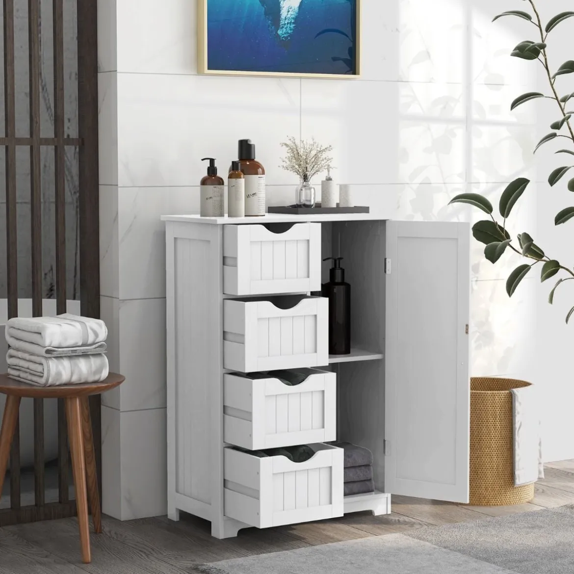 Badezimmerschrank mit 4 Schubladen & 1 Magnetischer Türverschluss Badschrank Weiß