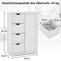 Badezimmerschrank mit 4 Schubladen & 1 Magnetischer Türverschluss Badschrank Weiß
