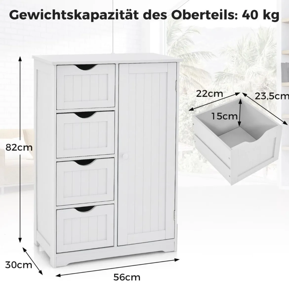 Badezimmerschrank mit 4 Schubladen & 1 Magnetischer Türverschluss Badschrank Weiß
