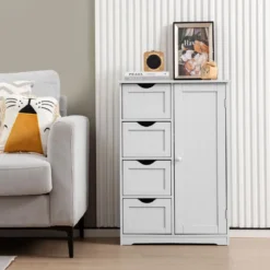 Badezimmerschrank mit 4 Schubladen & 1 Magnetischer Türverschluss Badschrank Weiß