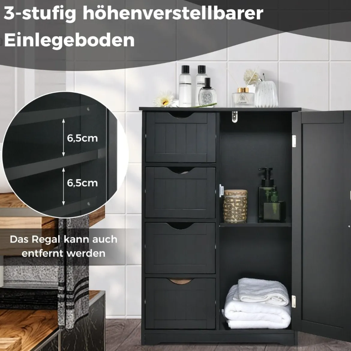 Badezimmerschrank mit 4 Schubladen & 1 Magnetischer Türverschluss Badschrank Schwarz