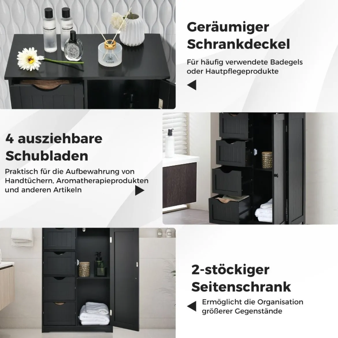 Badezimmerschrank mit 4 Schubladen & 1 Magnetischer Türverschluss Badschrank Schwarz