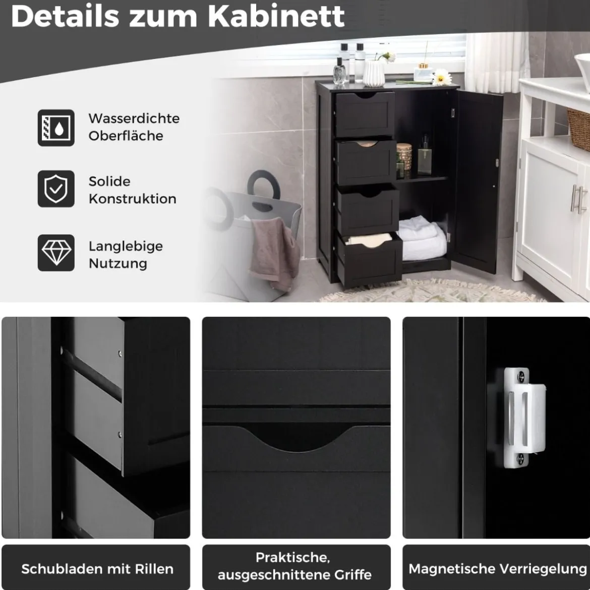 Badezimmerschrank mit 4 Schubladen & 1 Magnetischer Türverschluss Badschrank Schwarz