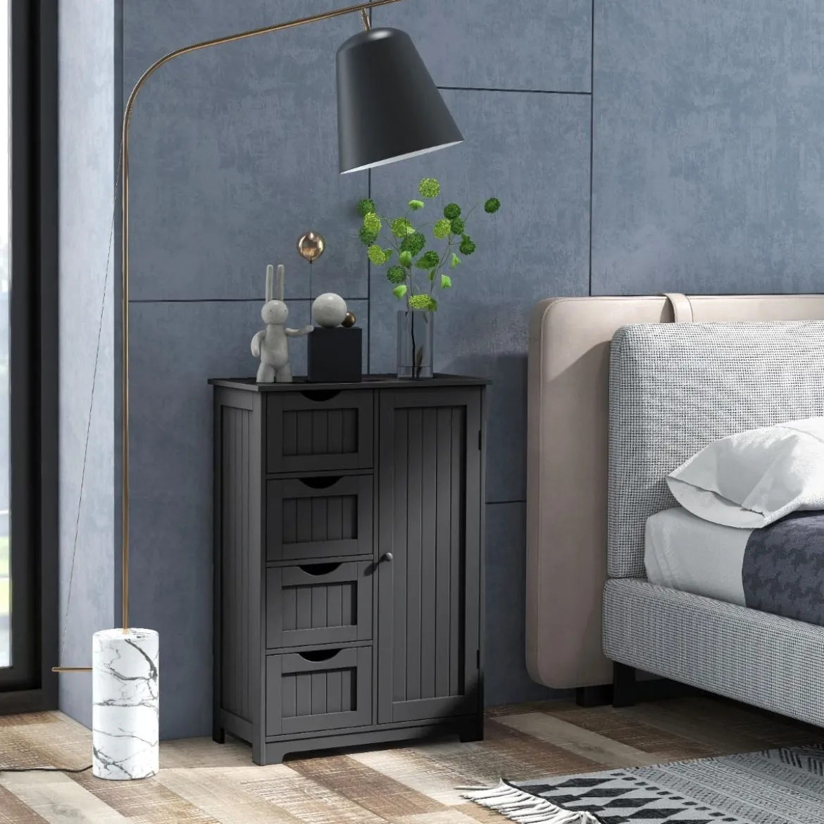Badezimmerschrank mit 4 Schubladen & 1 Magnetischer Türverschluss Badschrank Schwarz