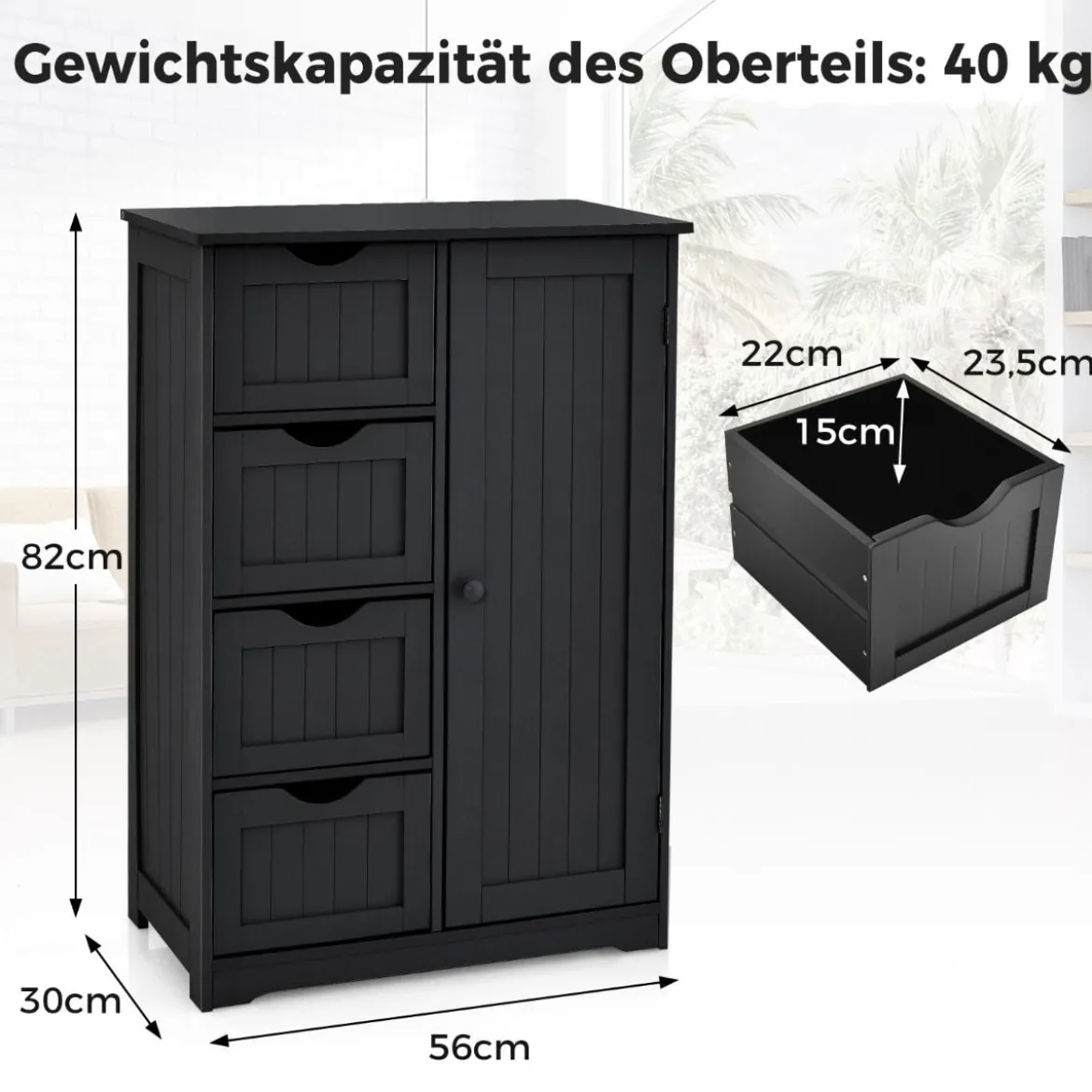 Badezimmerschrank mit 4 Schubladen & 1 Magnetischer Türverschluss Badschrank Schwarz