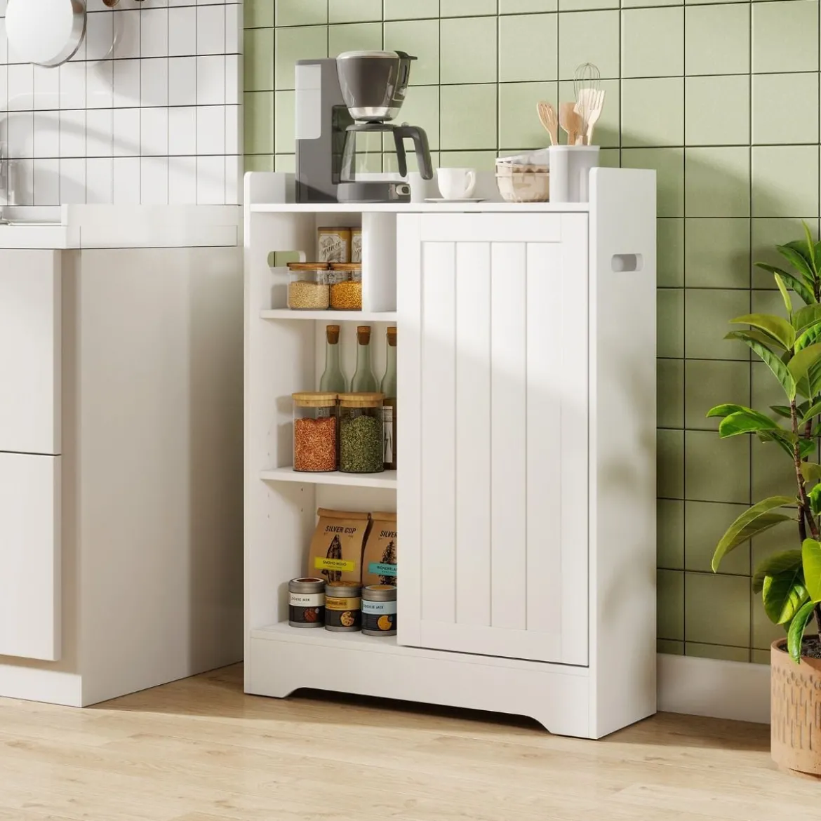 Badezimmerschrank mit Seitlichem Toilettenpapierhalter & Bürstenfach Nischenschrank Weiß