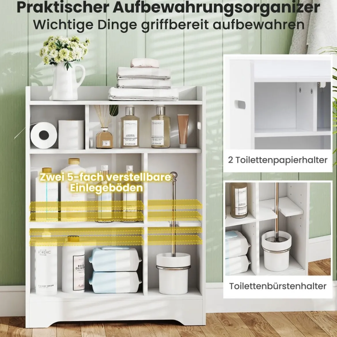Badezimmerschrank mit Seitlichem Toilettenpapierhalter & Bürstenfach Nischenschrank Weiß