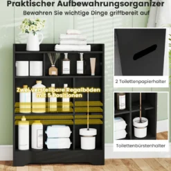Badezimmerschrank mit Seitlichem Toilettenpapierhalter & Bürstenfach Nischenschrank Schwarz