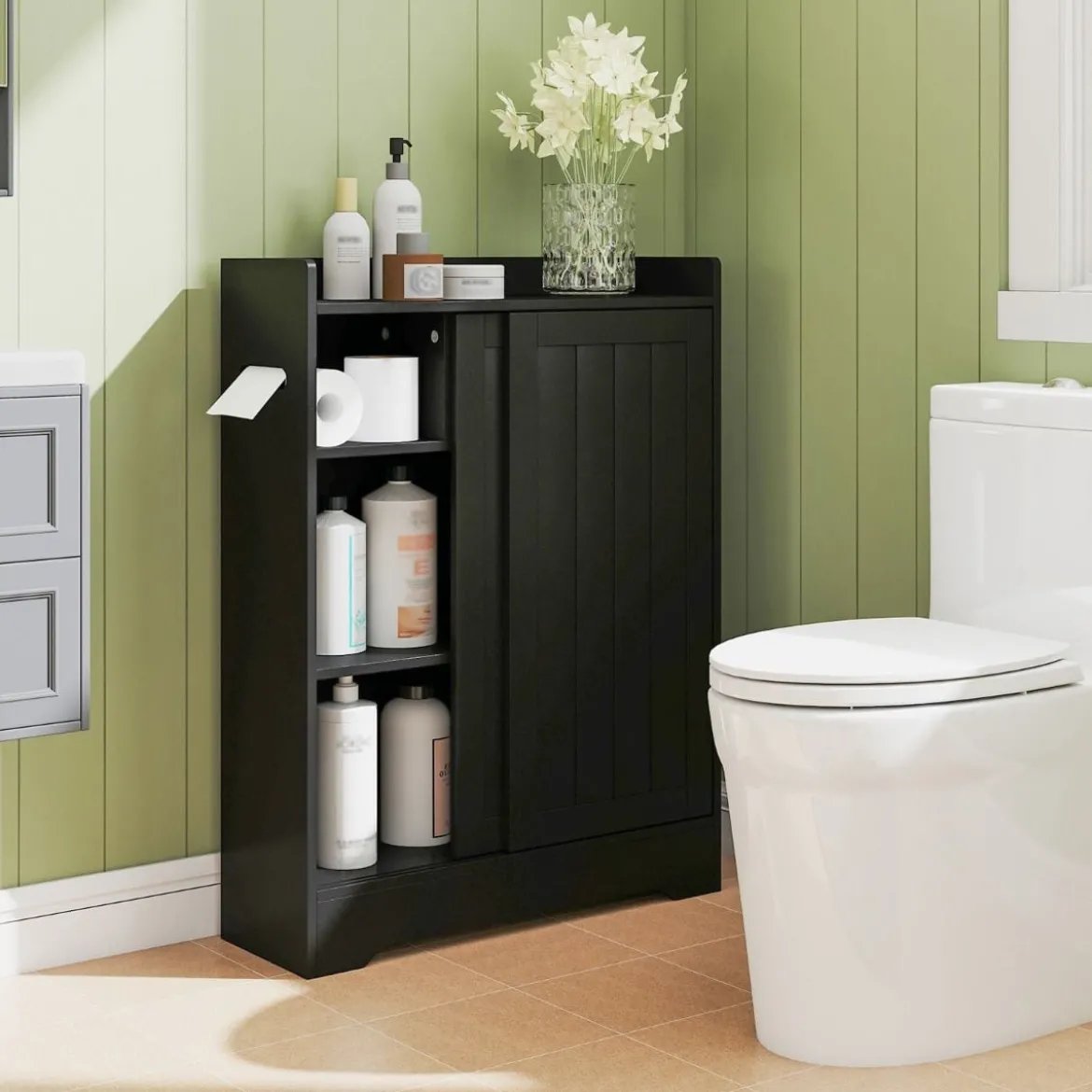 Badezimmerschrank mit Seitlichem Toilettenpapierhalter & Bürstenfach Nischenschrank Schwarz
