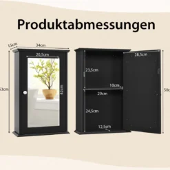 Badezimmerschrank mit Spiegel Medizinschrank mit verstellbarem Regal & Einzeltür Mehrzweck-Wandschrank Schwarz