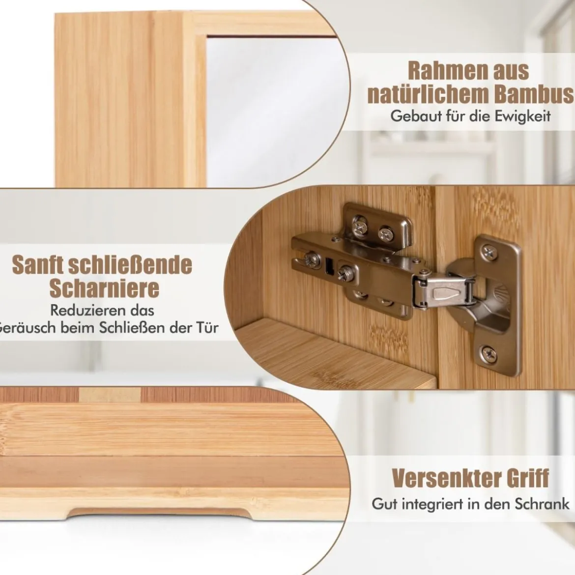 Badezimmerschrank mit Spiegel & Doppel-Türen & 2 Verstellbaren Regalen Bambus Spiegelschrank