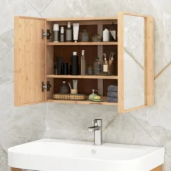 Badezimmerschrank mit Spiegel & Doppel-Türen & 2 Verstellbaren Regalen Bambus Spiegelschrank