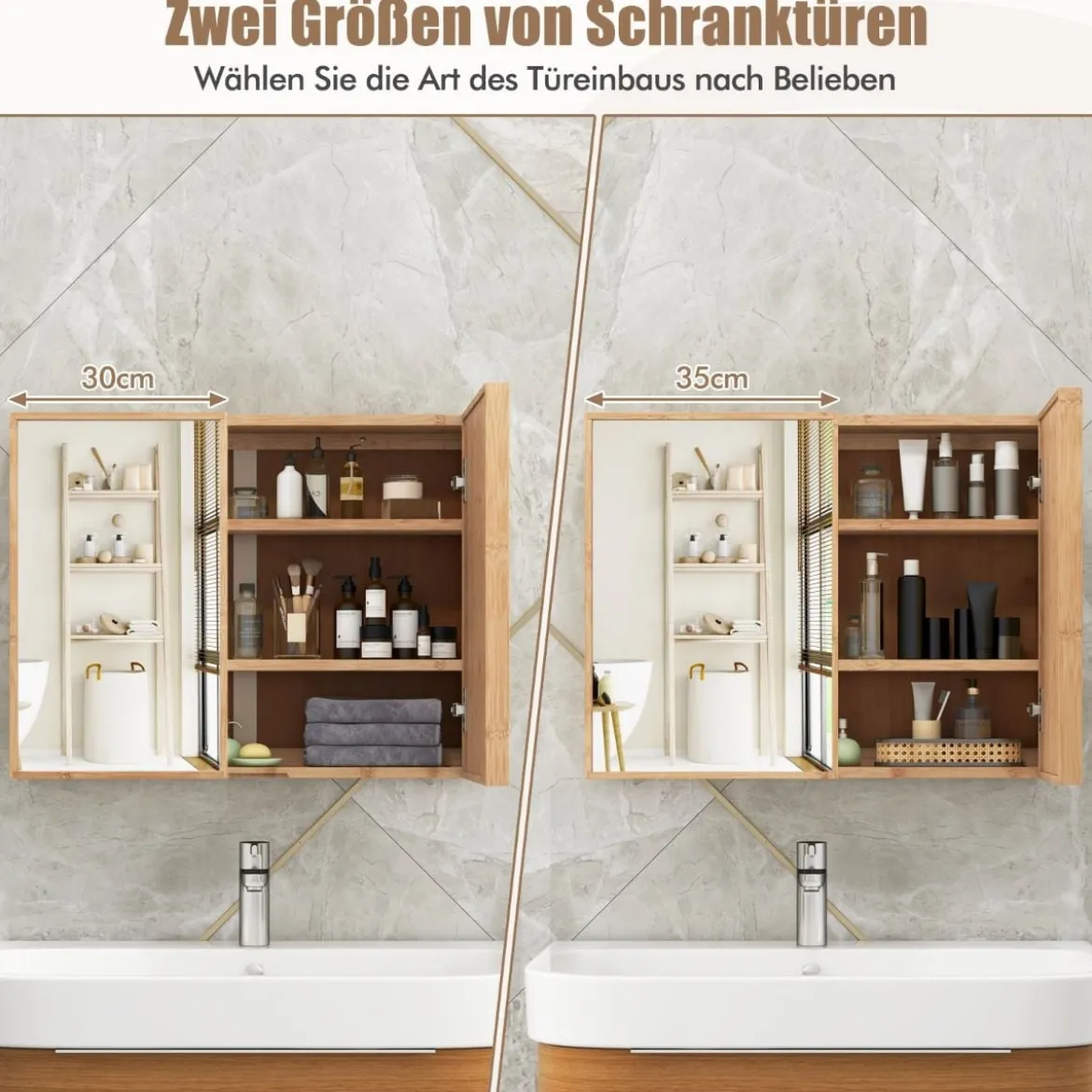 Badezimmerschrank mit Spiegel & Doppel-Türen & 2 Verstellbaren Regalen Bambus Spiegelschrank