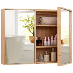 Badezimmerschrank mit Spiegel & Doppel-Türen & 2 Verstellbaren Regalen Bambus Spiegelschrank