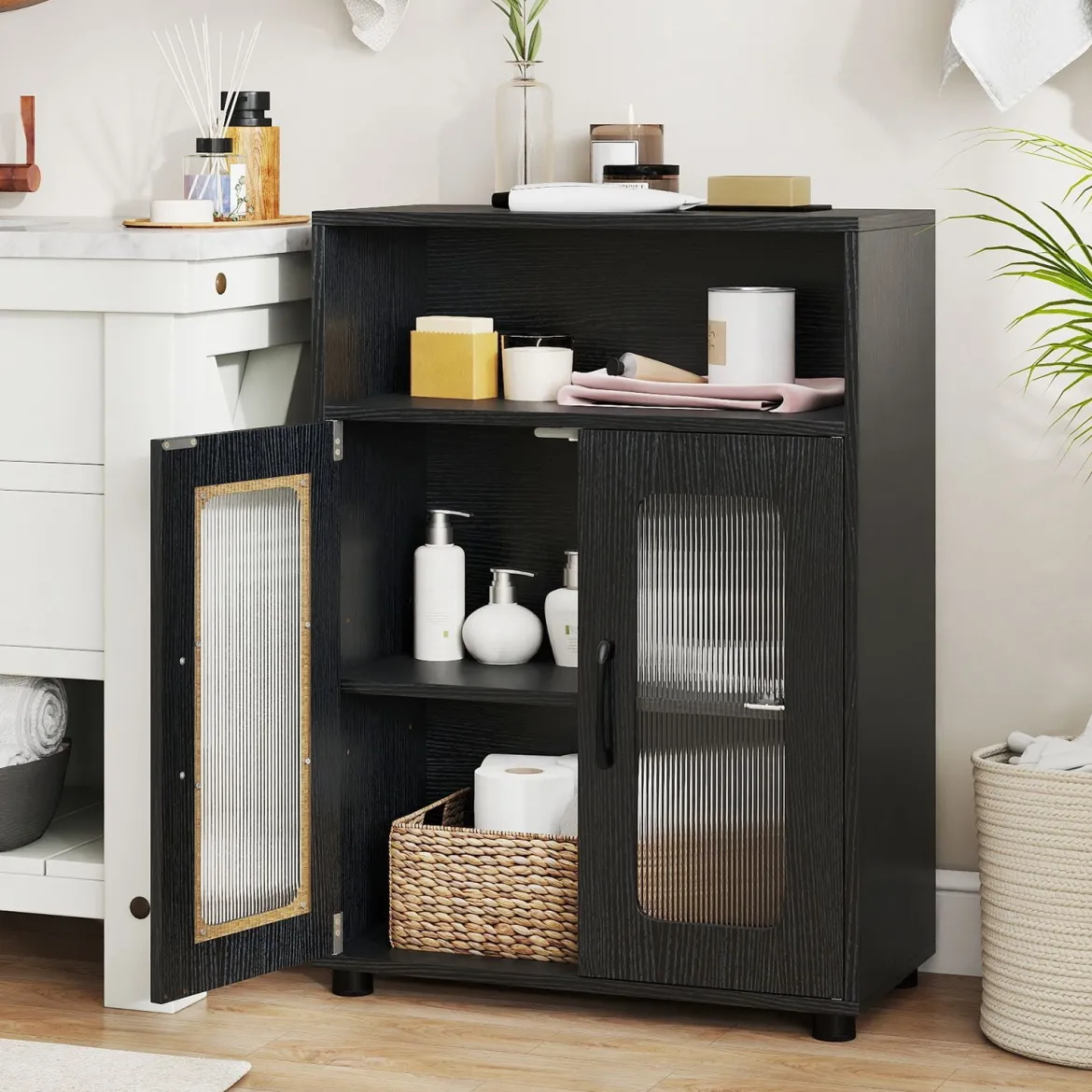 Badezimmerschrank mit 2 Türen & 3-stufig Verstellbarem Regal Freistehender Badschrank Schwarz