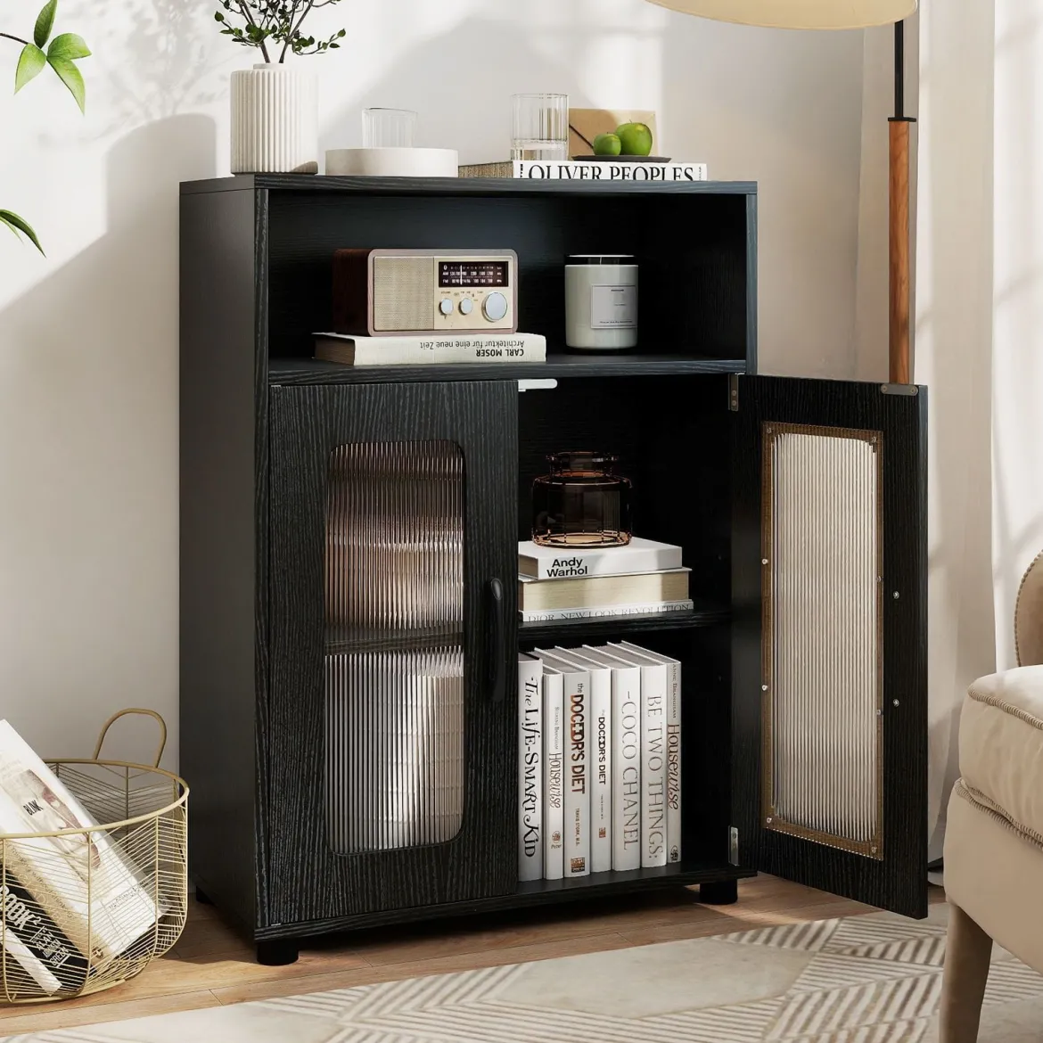 Badezimmerschrank mit 2 Türen & 3-stufig Verstellbarem Regal Freistehender Badschrank Schwarz
