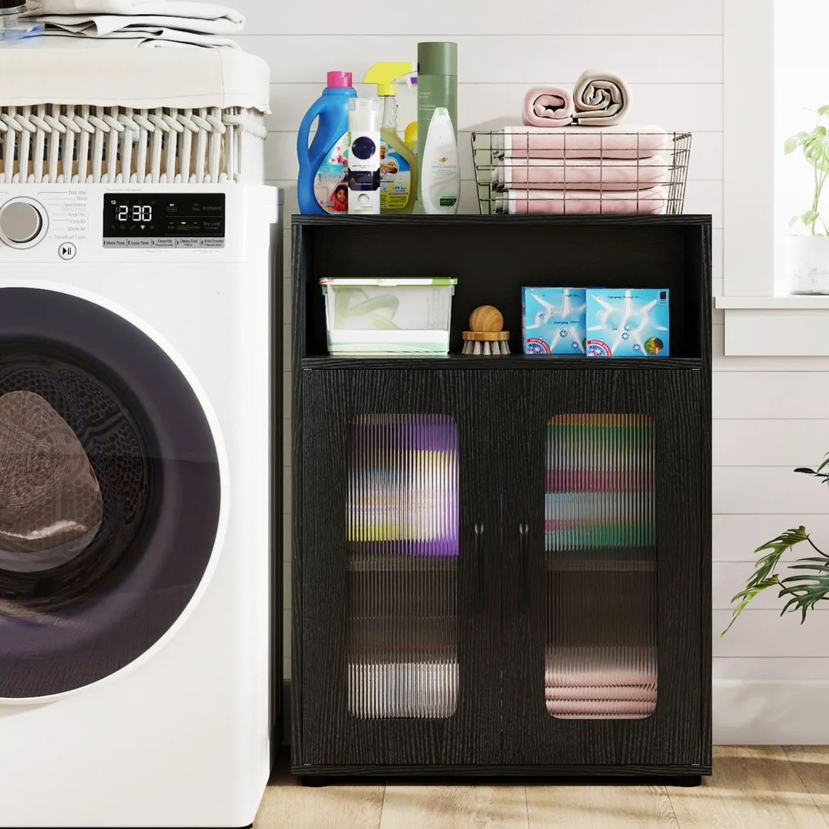 Badezimmerschrank mit 2 Türen & 3-stufig Verstellbarem Regal Freistehender Badschrank Schwarz