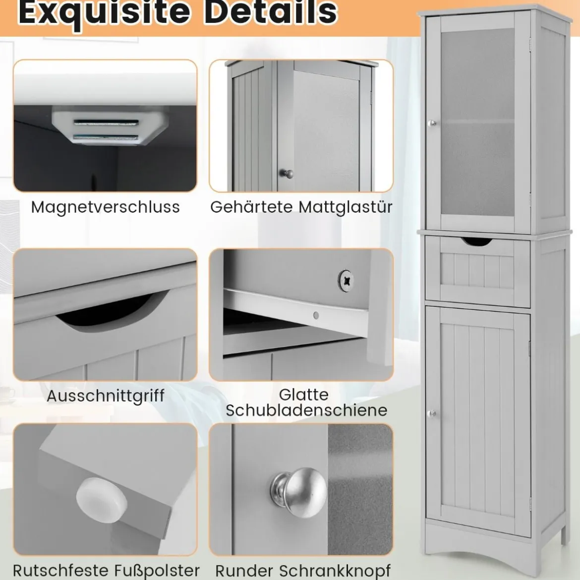Badezimmerschrank mit 2 Türen & 1 Schublade Freistehender Hochschrank 40 x 30 x 170 cm