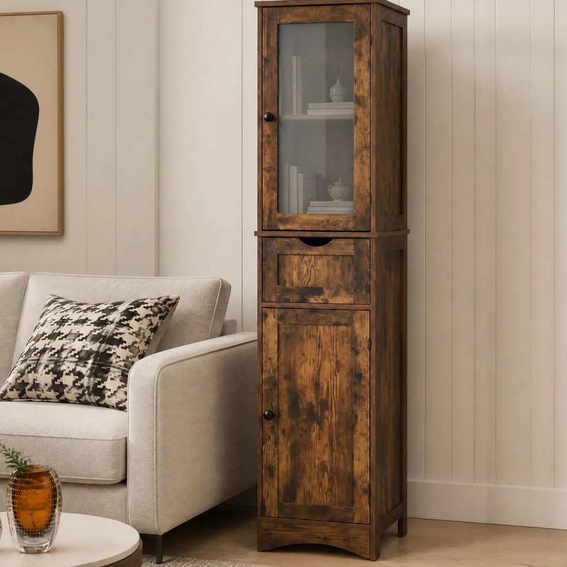 Badezimmerschrank mit 2 Türen & 1 Schublade Freistehender Hochschrank 40 x 30 x 170 cm