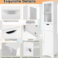 Badezimmerschrank mit 2 Türen & 1 Schublade Freistehender Hochschrank 40 x 30 x 170 cm